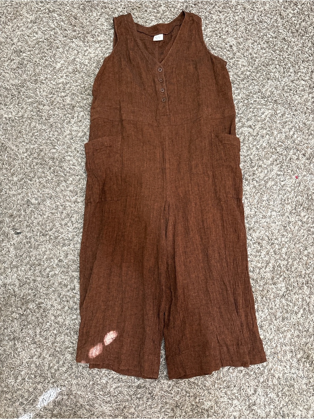 Sleeveless Brown Linen Jumpsuit with Front Buttons